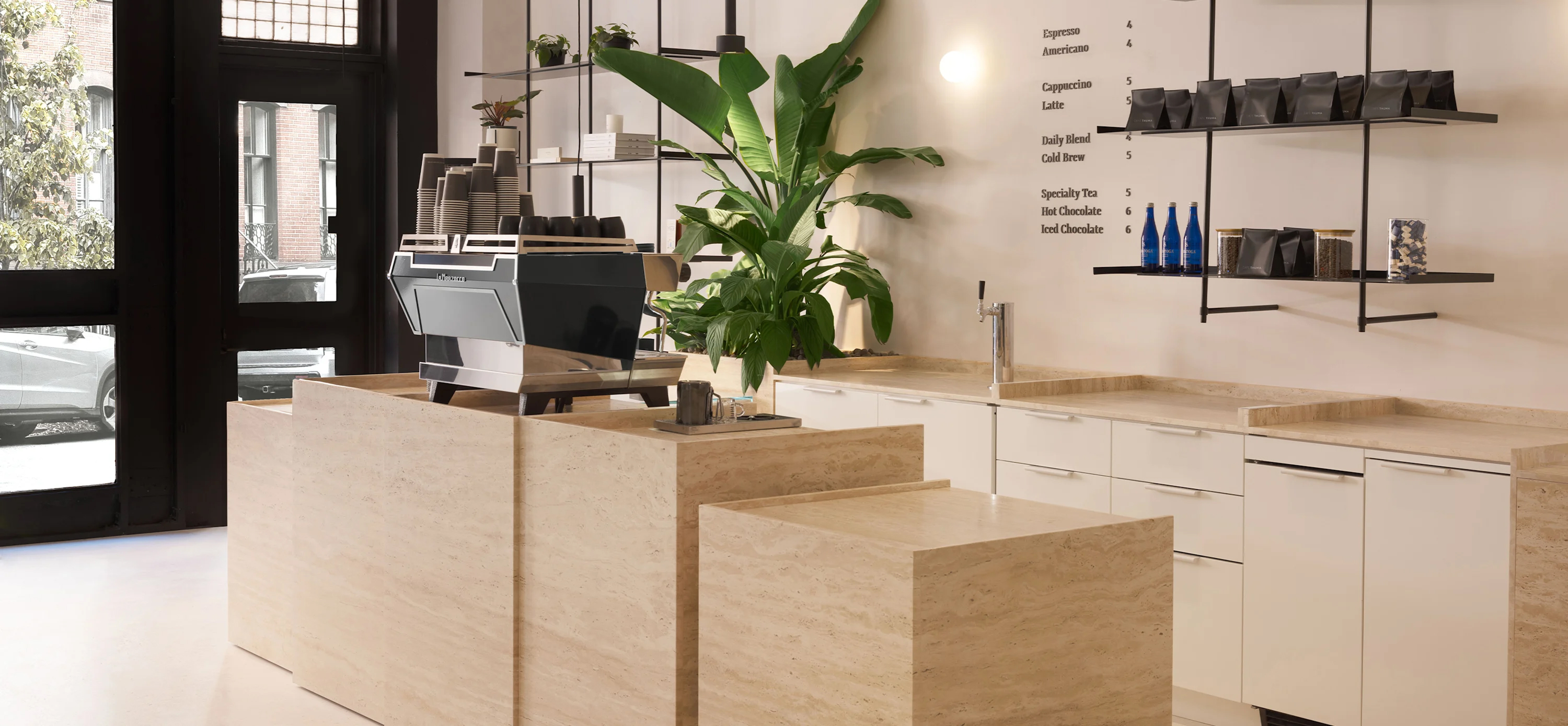Thuma flagship interior in SoHo, New York — travertine service bar and millwork by Readymade